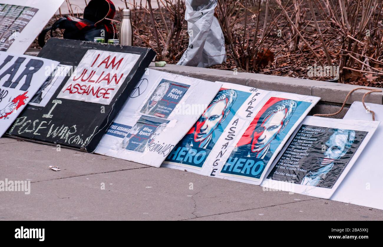 TORONTO, CANADA - 01 04 2020: Banners in support of a renowned activist and founder of WikiLeaks non profit organisation Julian Assange but by Stock Photo