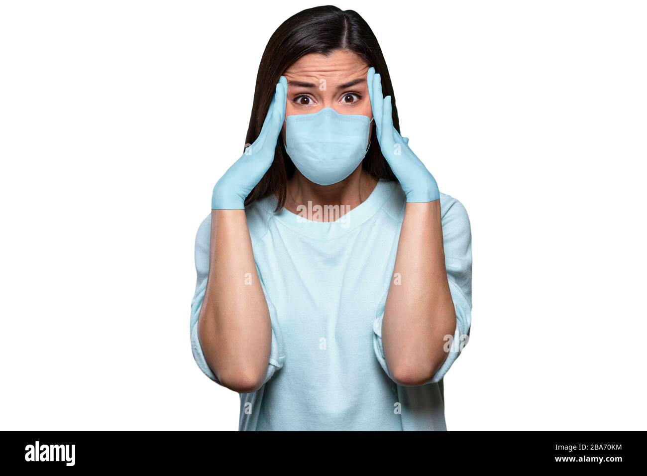 Worried, scare, panicked asian american woman in medical mask and rubber gloves, concerned about viral pandemic illness, paranoid of pandemic Stock Photo