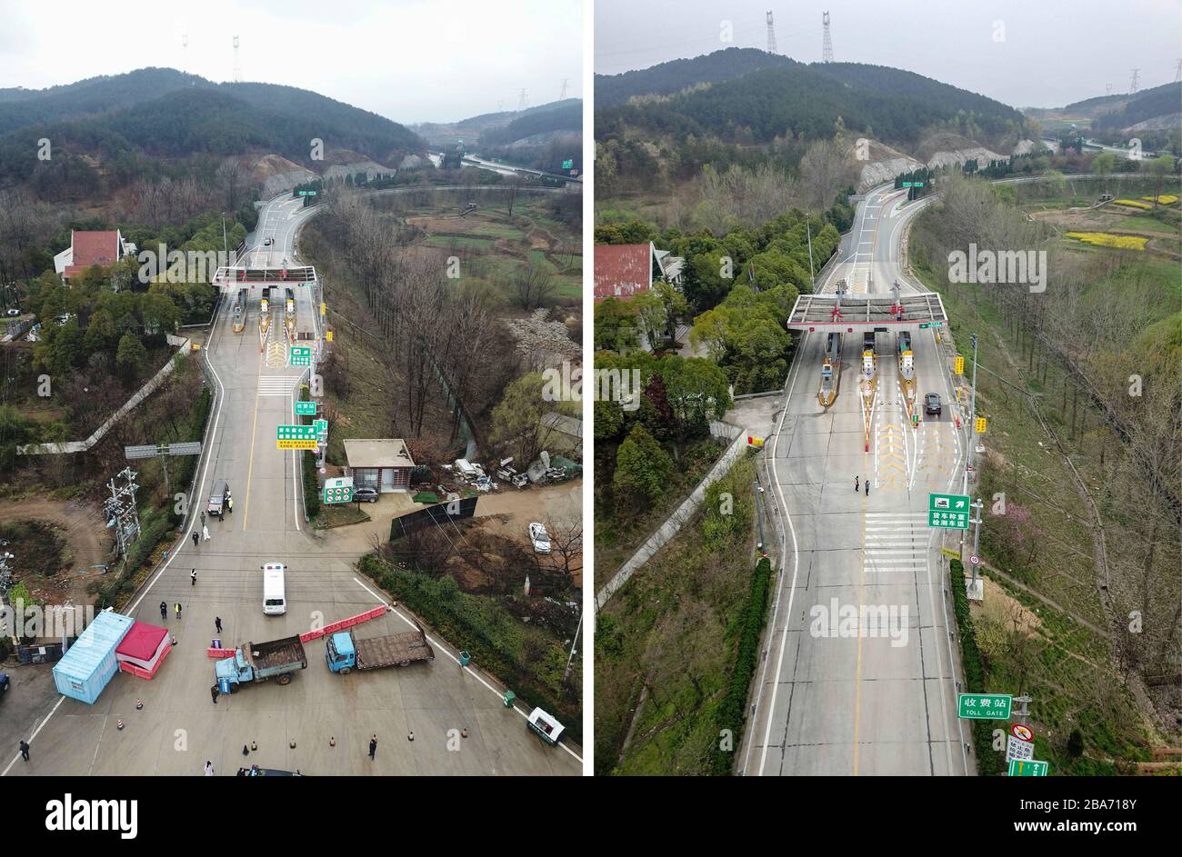 Beijing, China. 25th Mar, 2020. Aerial combo photo shows Daxin toll station of the Beijing-Hong Kong-Macao expressway with traffic restrictions on Feb. 28, 2020 (L) and the toll station after traffic restrictions were lifted on March 25, 2020 (R). The virus-hit Hubei Province has lifted outbound travel restrictions in all areas except the capital city Wuhan. Credit: Hu Huhu/Xinhua/Alamy Live News Stock Photo