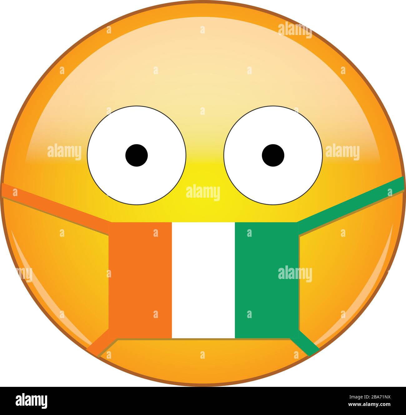 Yellow scared emoji in Ivorian medical mask protecting from SARS, coronavirus, bird flu and other viruses, germs and bacteria and contagious disease a Stock Vector