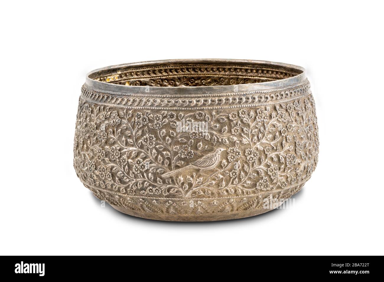 Ancient Thai style silver bowl handcraft vintage on white background with clipping path. Stock Photo