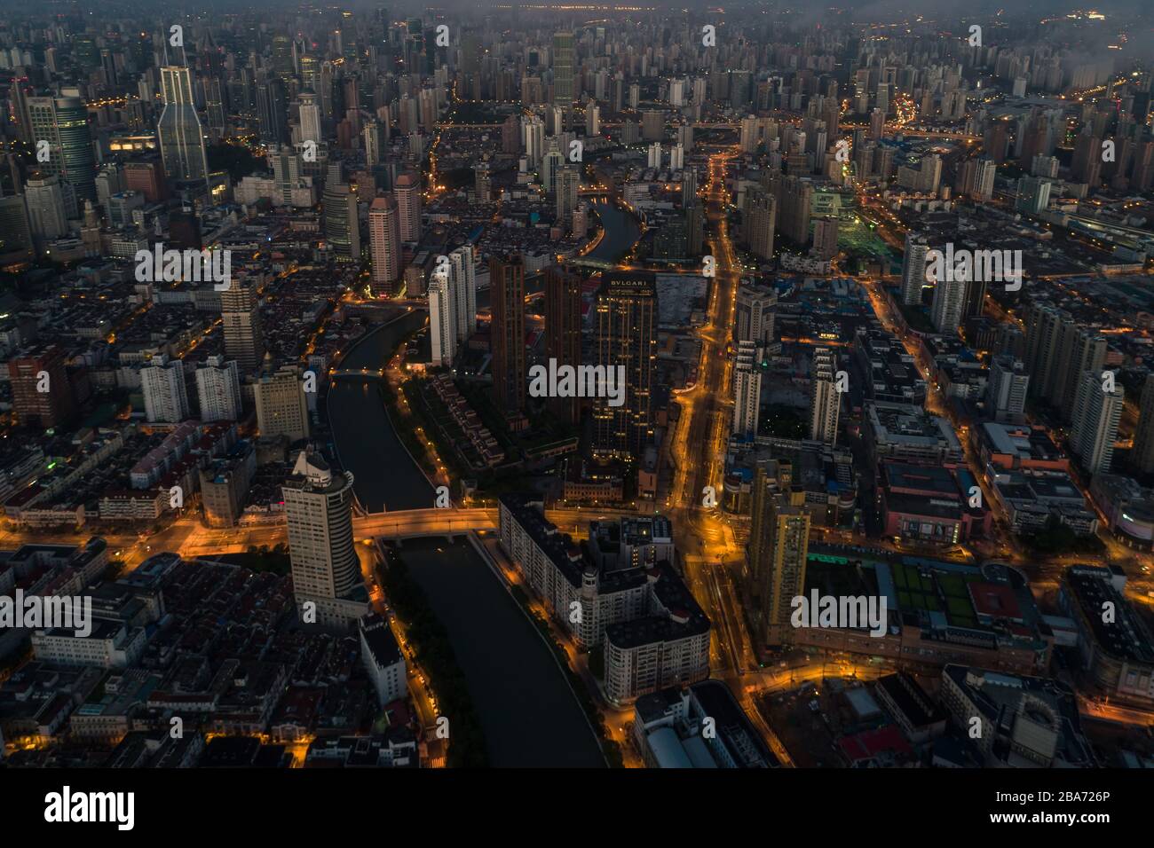 Aerial view over The Bund, Shanghai Stock Photo