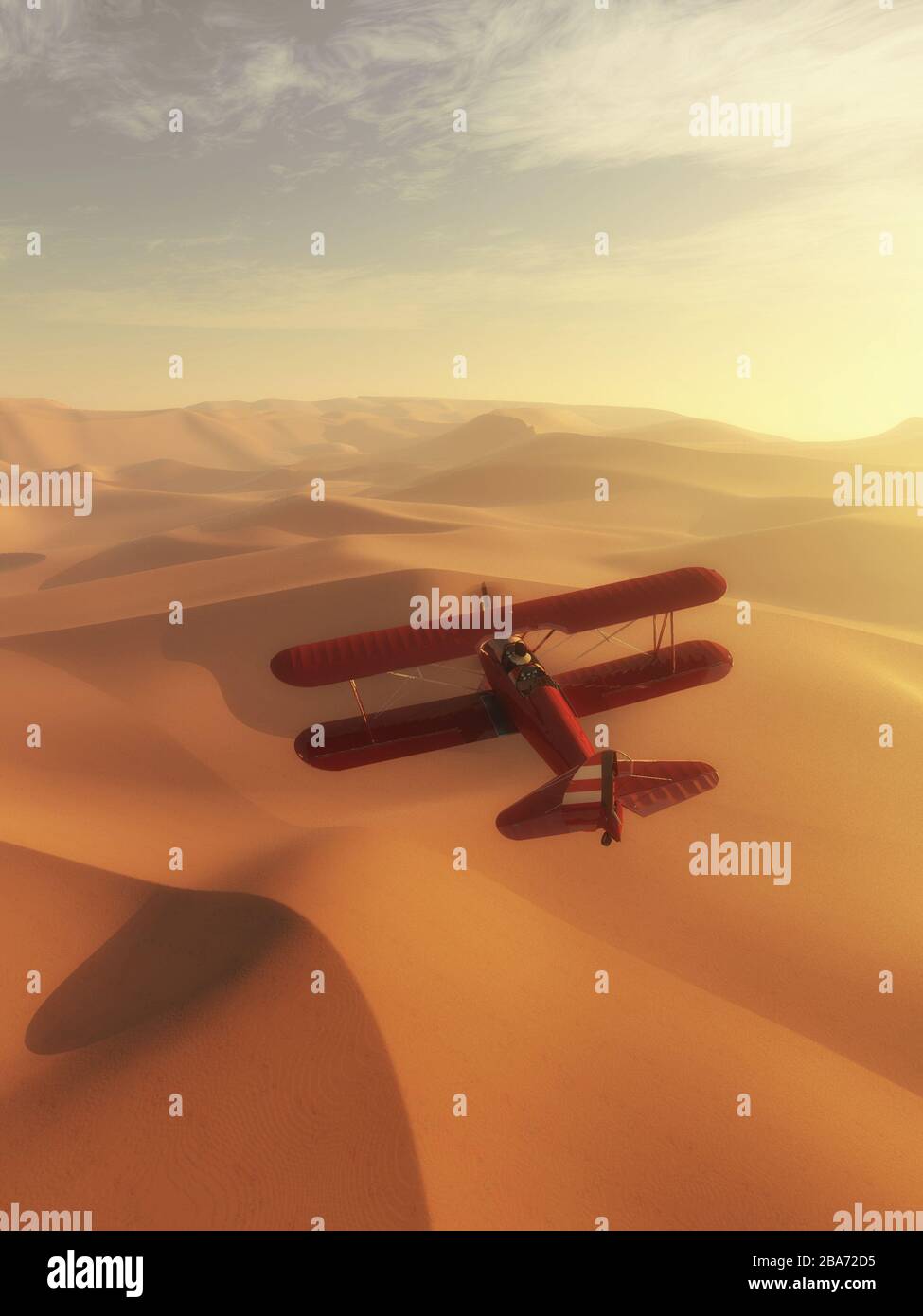 Air plane flying over the desert . This is a 3d render illustration. Stock Photo