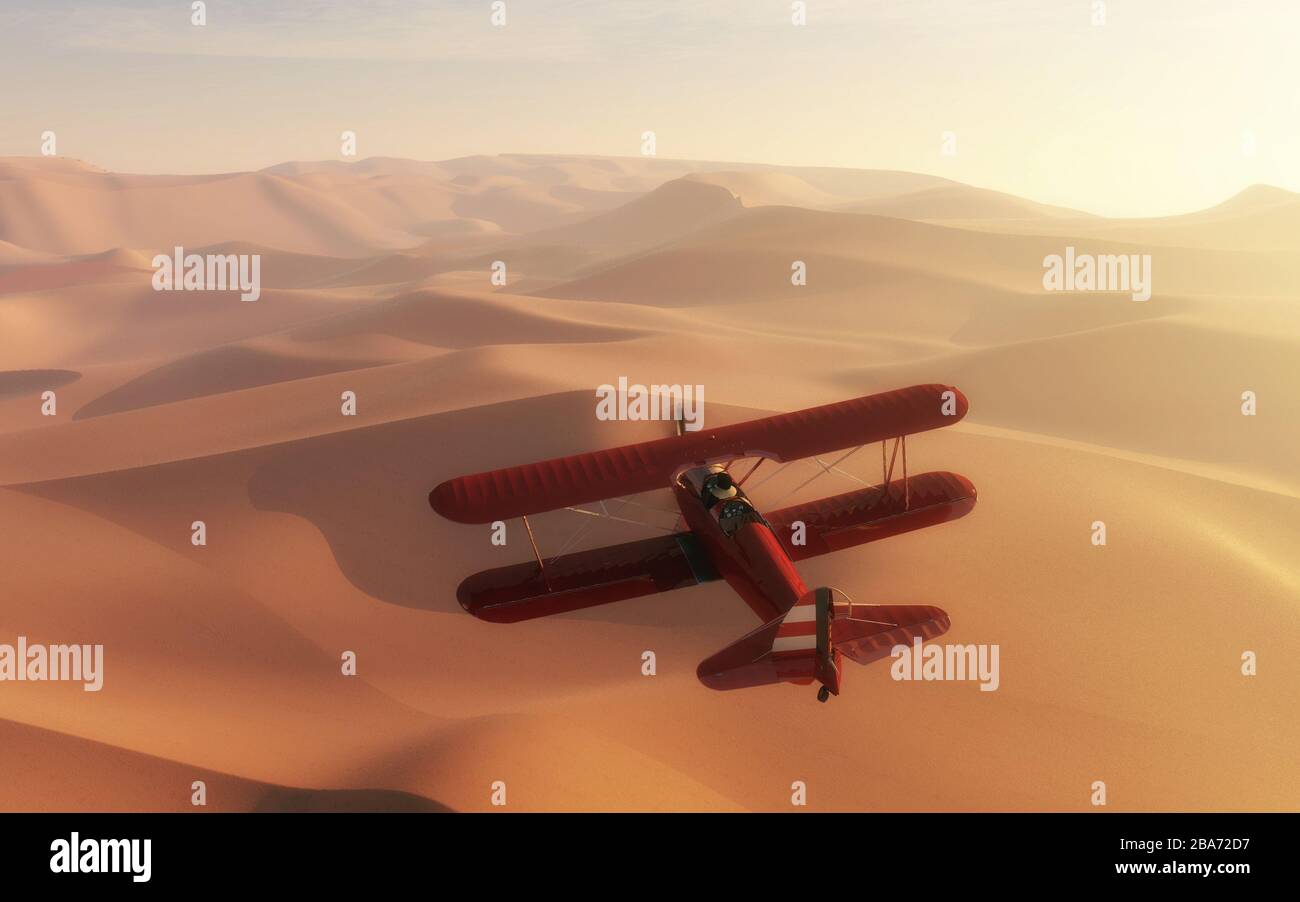 Air plane flying over the desert . This is a 3d render illustration. Stock Photo