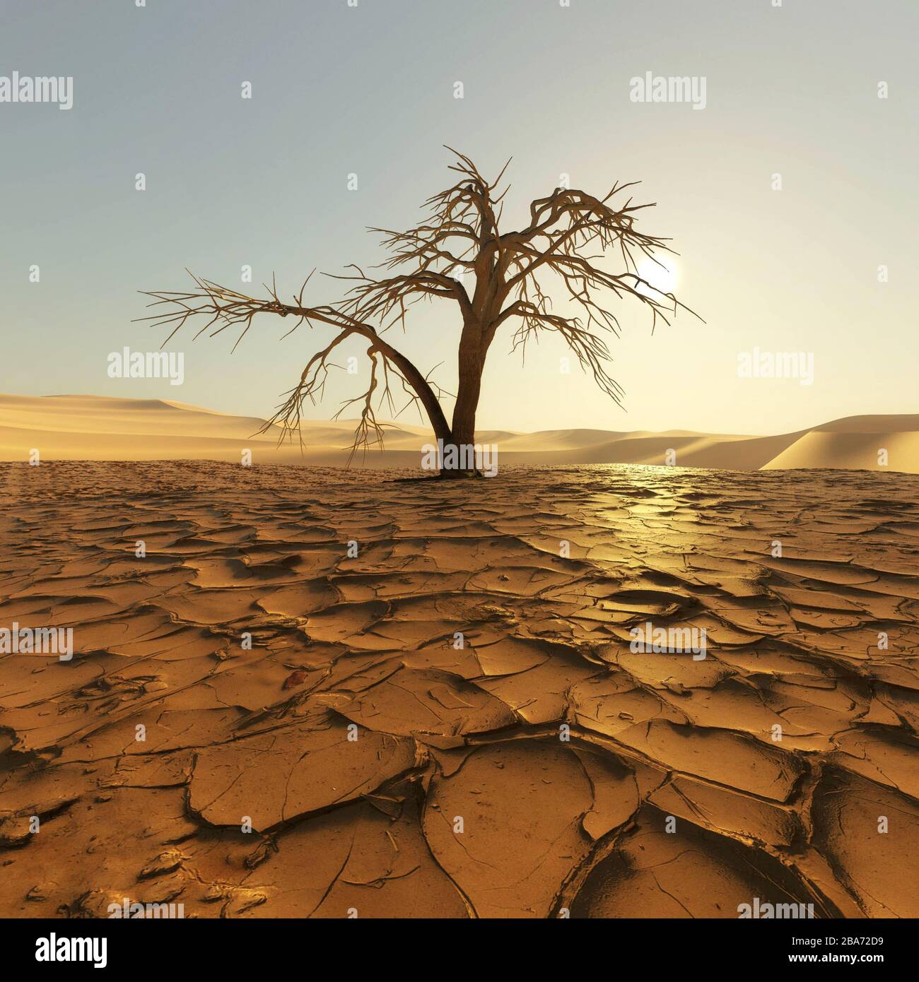 Lonely dead tree at drought cracked desert landscape. Global warming concept. This is a 3d render illustration. Stock Photo