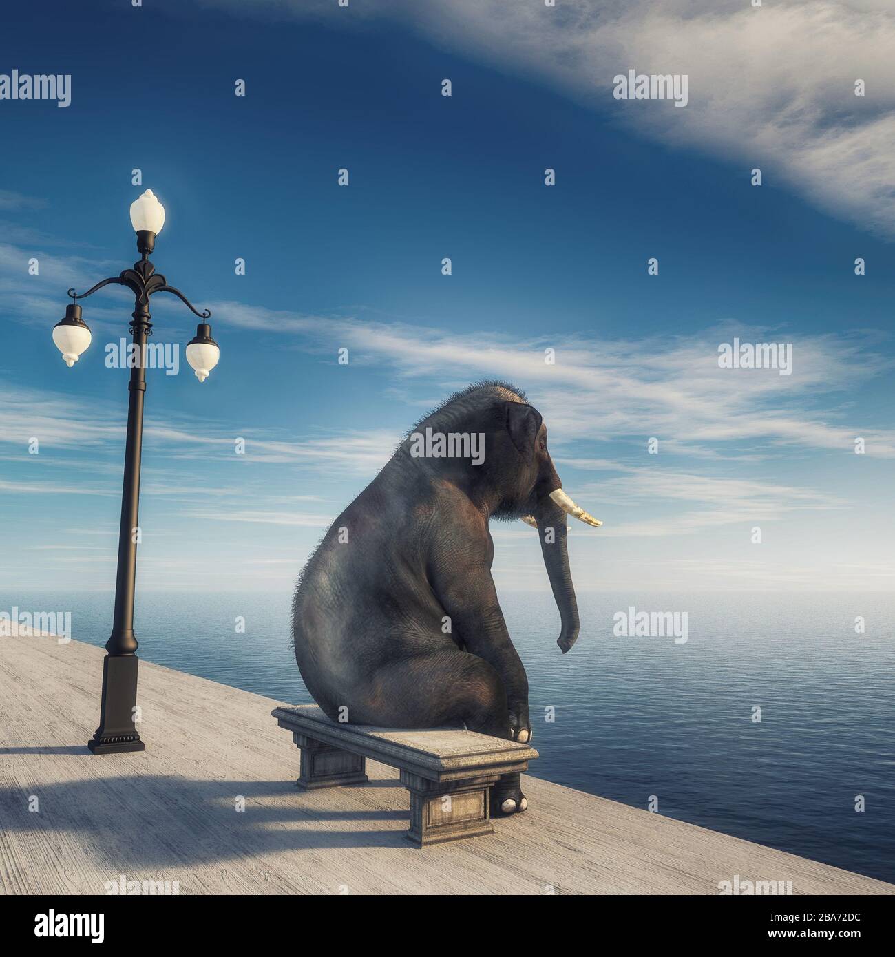 Elephant sitting on bench at seafront admiring the view . This is a 3d render illustration . Stock Photo
