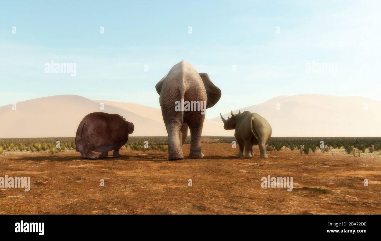 Back view of animals walking at safari . This is a 3d render illustration Stock Photo