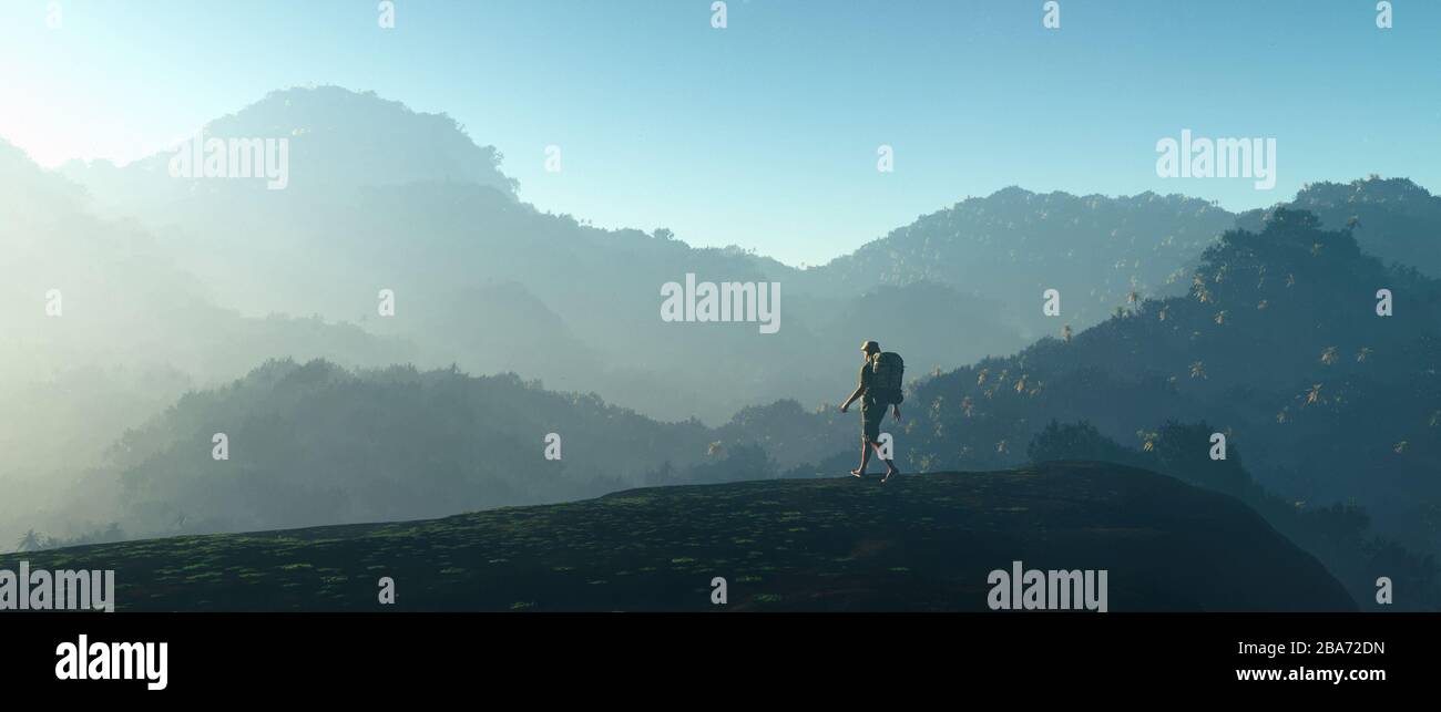 Traveler with a backpack walking on hills of a mountain to the jungle . This is a 3d render illustration . Stock Photo