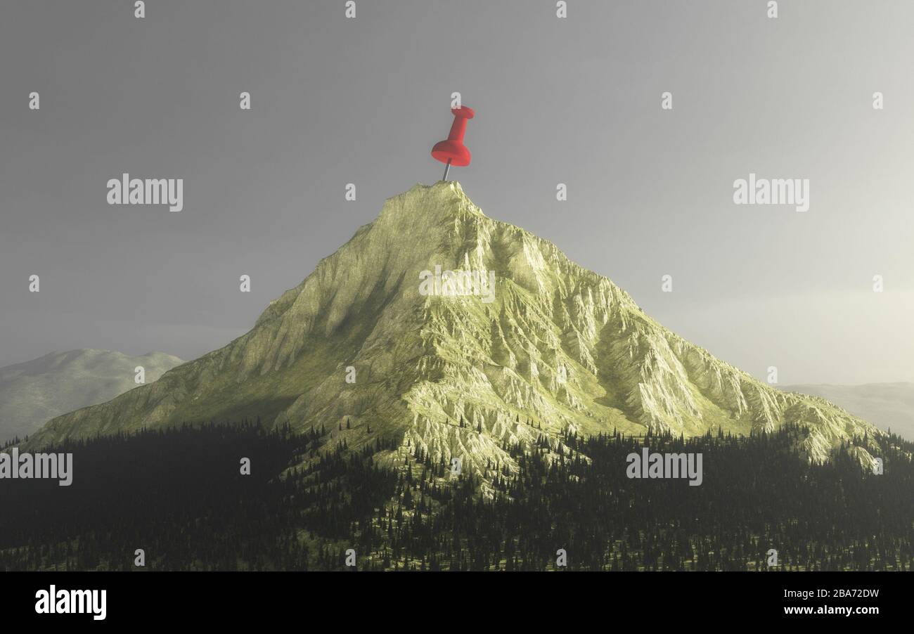 Pin on a mountain peak . Target destination concept . This is a 3d render illustration . Stock Photo