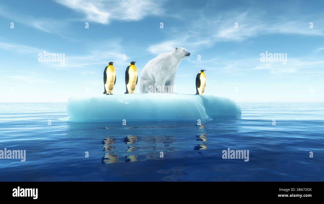 Polar bear and penguins on a piece of iceberg . Global warming concept . This is a 3d render illustration . Stock Photo