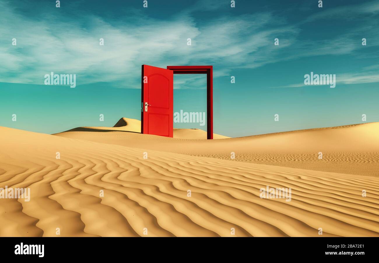 Opened red door in the desert . This is a 3d render illustration Stock Photo
