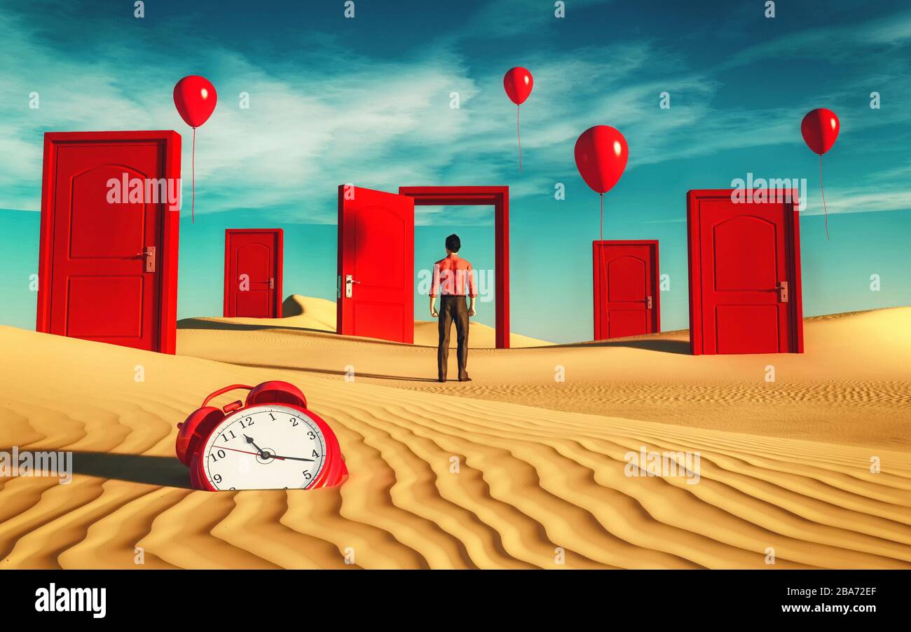 Man in front of different doors in the desert . Surreal portals with balloons and a clock . This is a 3d render illustration . Stock Photo