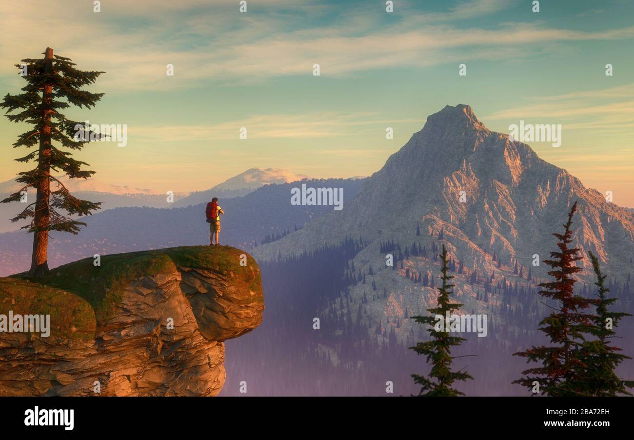 Hiker with a backpack on top of a rock admiring mountains view. This is a 3d render illustration. Stock Photo
