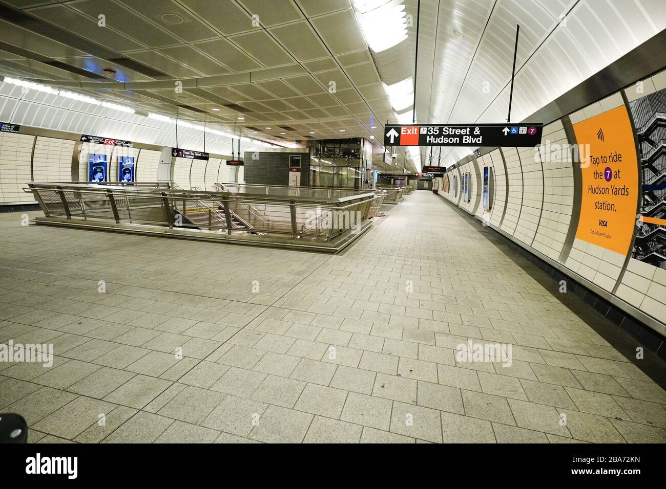 New York, United States. 15th Mar, 2020. General overall view of the empty MTA - 34th Street Hudson Yards Subway Station in the wake of the coronavirus COVID-19 pandemic outbreak, Sunday, March 15, 2020, in New York. (John Nacion/Image of Sport via AP) Photo via Credit: Newscom/Alamy Live News Stock Photo