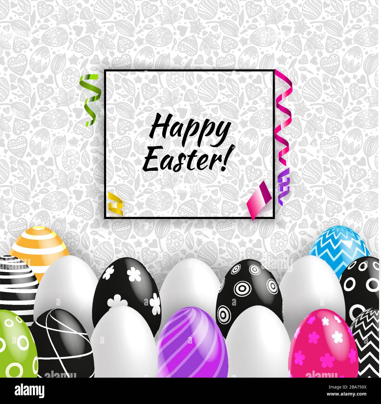 Black white multicolored Easter eggs on grey seamless pattern background. Vector set for holiday. Black White Easter card Stock Vector