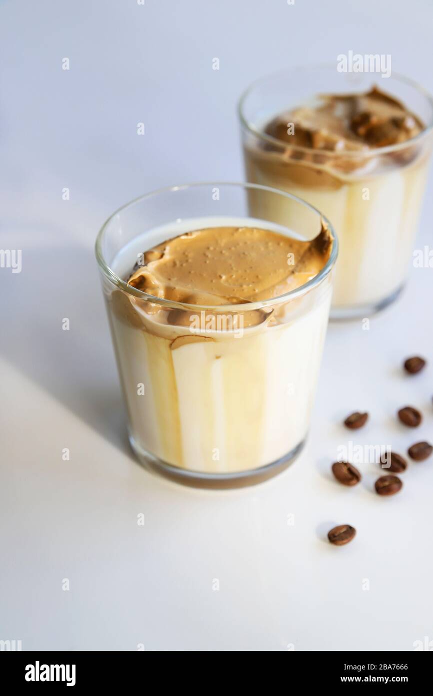 South Korean coffee dalgona trendy cold latte or cappuccino with milk