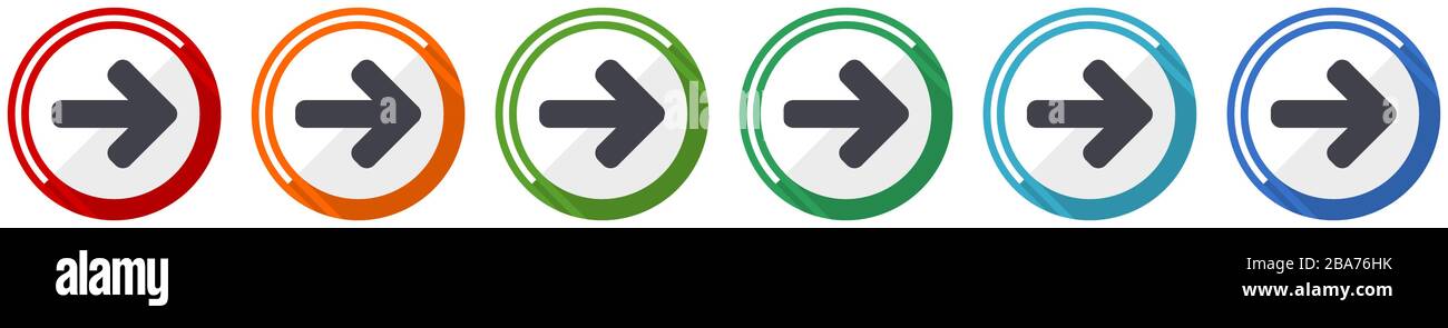 Right arrow icon set, flat design vector illustration in 6 colors ...