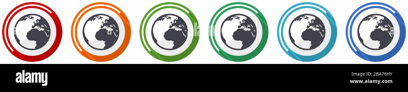 Earth icon set, flat design vector illustration in 6 colors options for ...