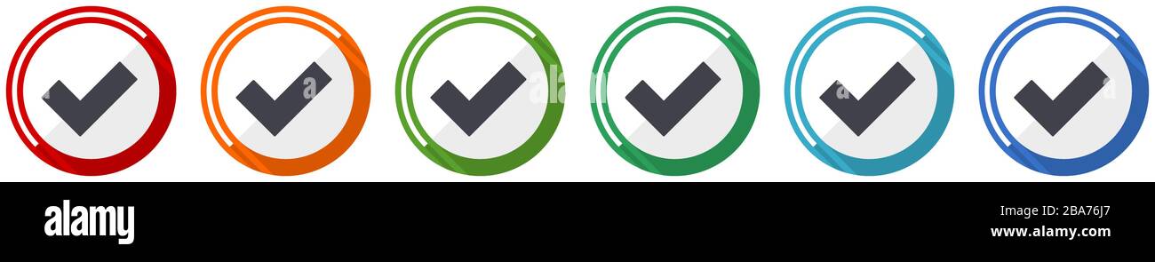 Accept icon set, flat design vector illustration in 6 colors options ...
