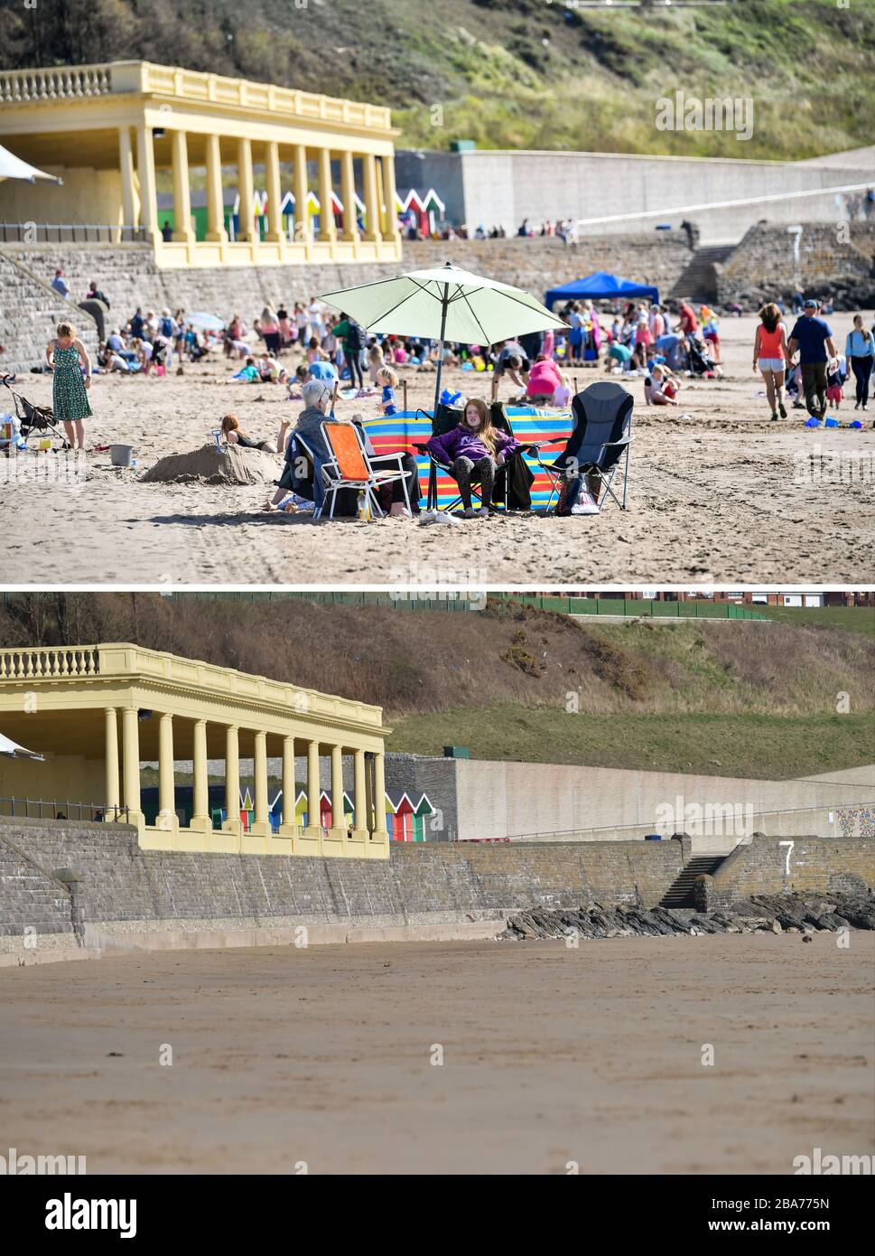 Composite photos of people on the beach at Barry Island, South Wales, on 14/09/19 (top), and on Wednesday 25/03/20 (bottom), after Prime Minister Boris Johnson put the UK in lockdown to help curb the spread of the coronavirus. Stock Photo