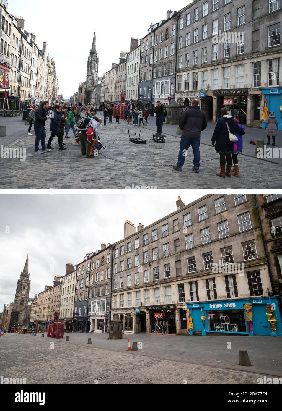 Composite photos of Edinburgh's Royal Mile on 14/03/20, and on Saturday (21/03/20) after bars, pubs and restaurants were instructed to close. Prime Minister Boris Johnson put the UK in lockdown on Monday night to help curb the spread of the coronavirus. Stock Photo