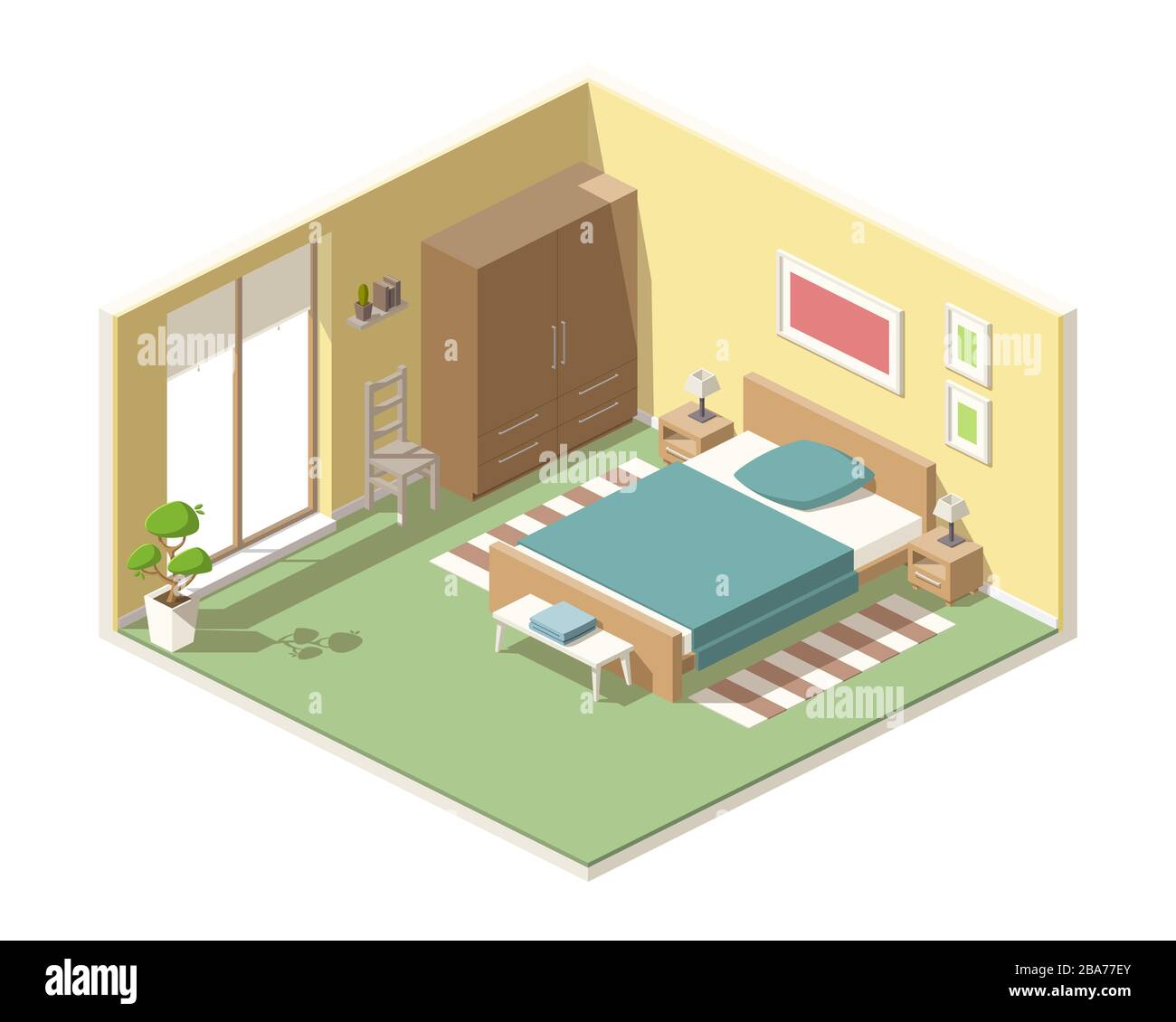 Isometric bedroom with bed, cupboard and other furniture. Vector illustration with separate layers. Stock Vector