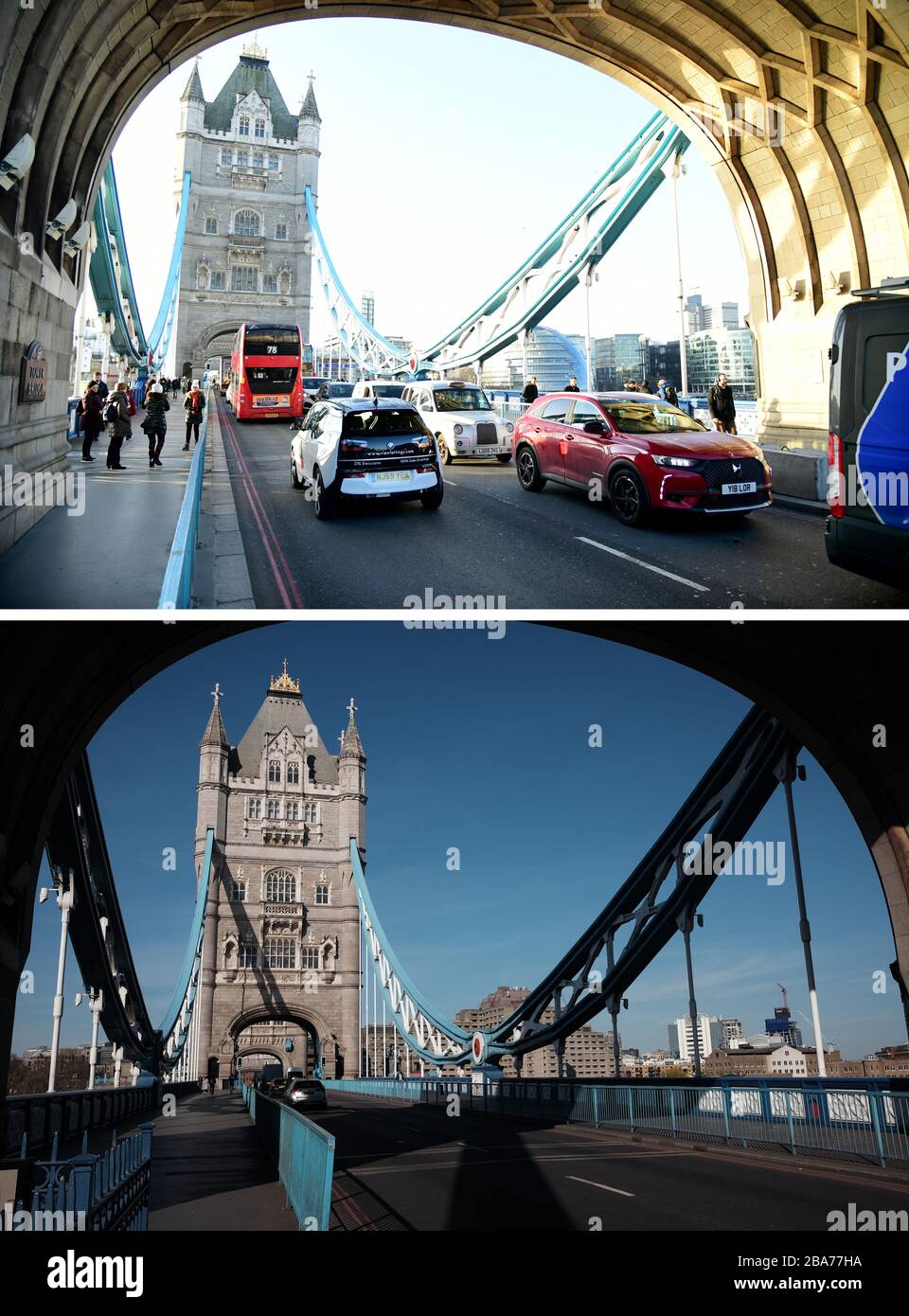 Composite photos of London's Tower Bridge on 16/03/20 (top), and on Tuesday 24/03/20 (bottom), the day after Prime Minister Boris Johnson put the UK in lockdown to help curb the spread of the coronavirus. Stock Photo