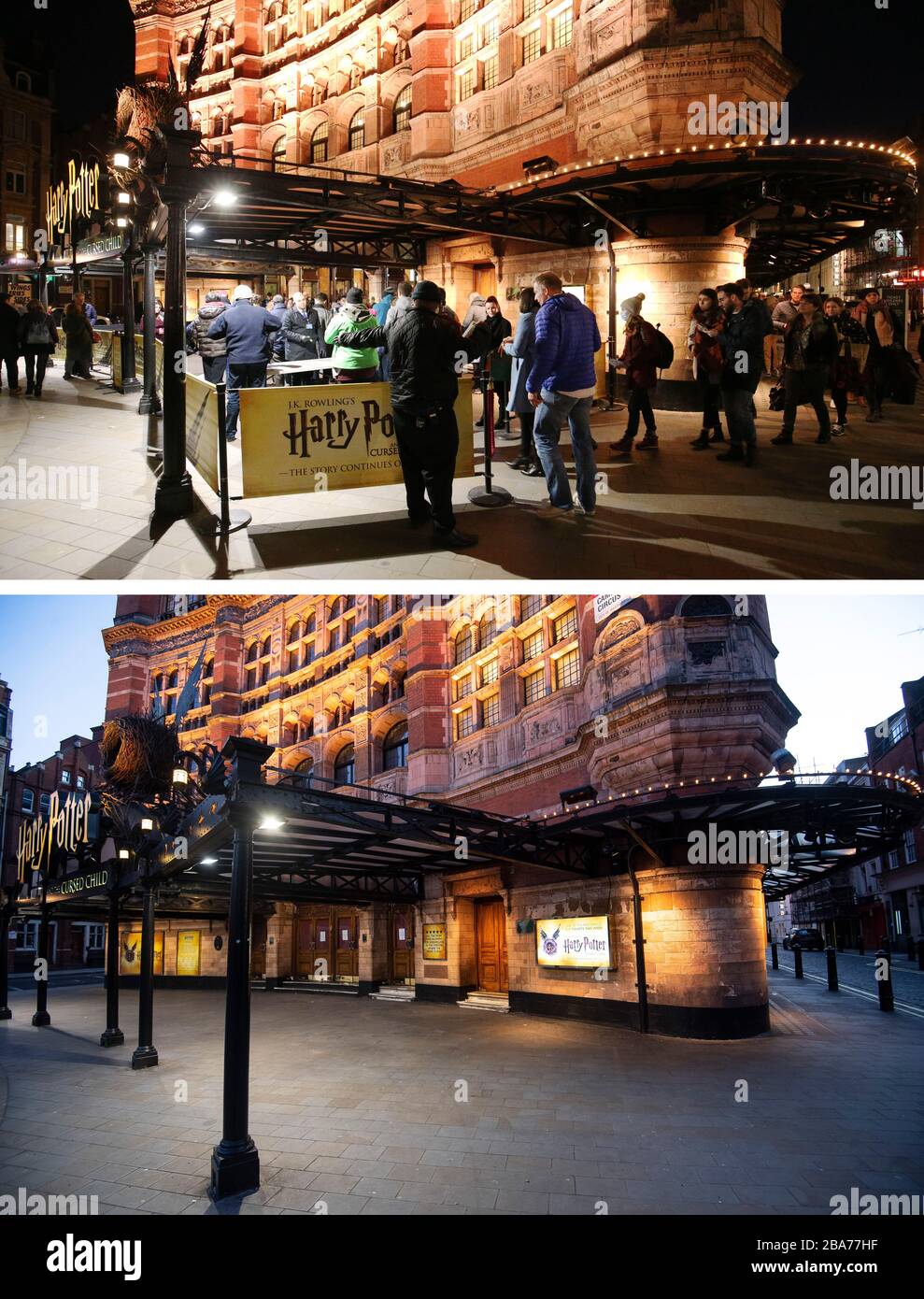 Composite photos of ticket holders for Harry Potter and the Cursed Child in line outside the Palace Theatre, London on 12/03/20 (top), and the theatre on Tuesday 24/03/20 (bottom), the day after Prime Minister Boris Johnson put the UK in lockdown to help curb the spread of the coronavirus. Stock Photo