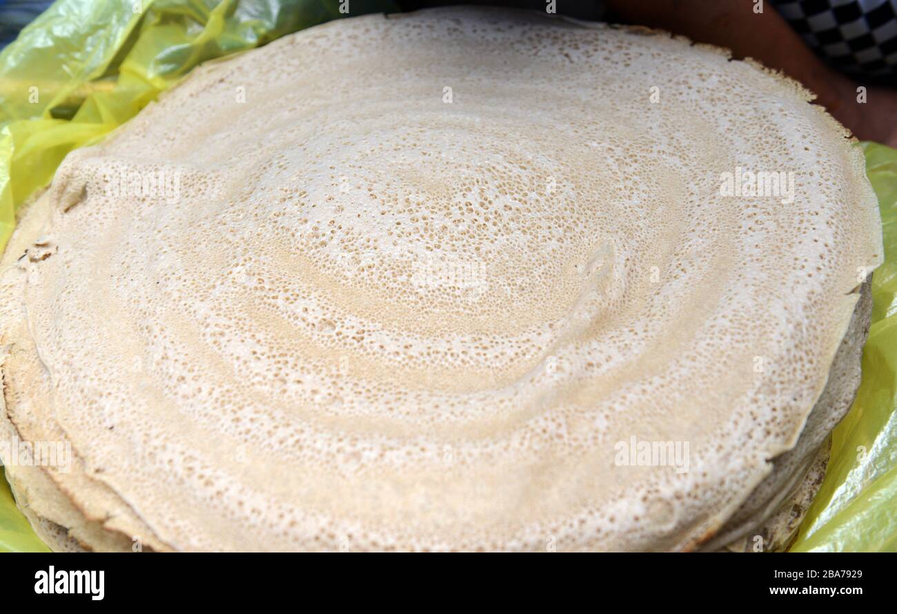 Injeras ( Teff flour flatbread ) sold in the Waliso market in Oromia, Ethiopia. Stock Photo