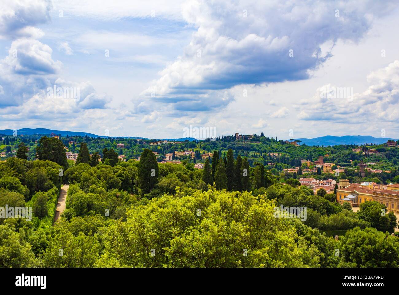 View from Forte di Belvedere-1500s hilltop fortress offering sweeping vistas of the Florence skyline on summer day. Florence Tuscany Italy Stock Photo