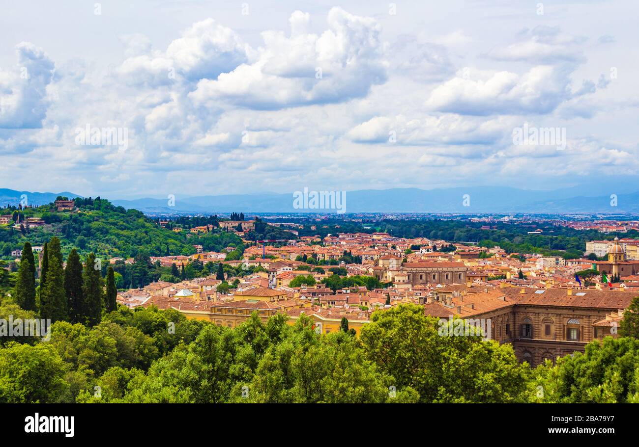 View from Forte di Belvedere-1500s hilltop fortress offering sweeping vistas of the Florence skyline on summer day. Florence Tuscany Italy Stock Photo