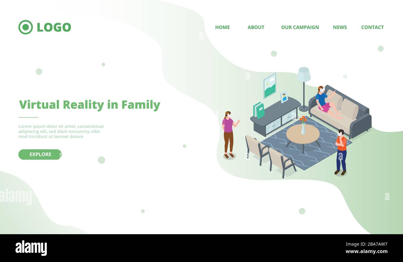 vr virtual reality family playing for website template or landing ...