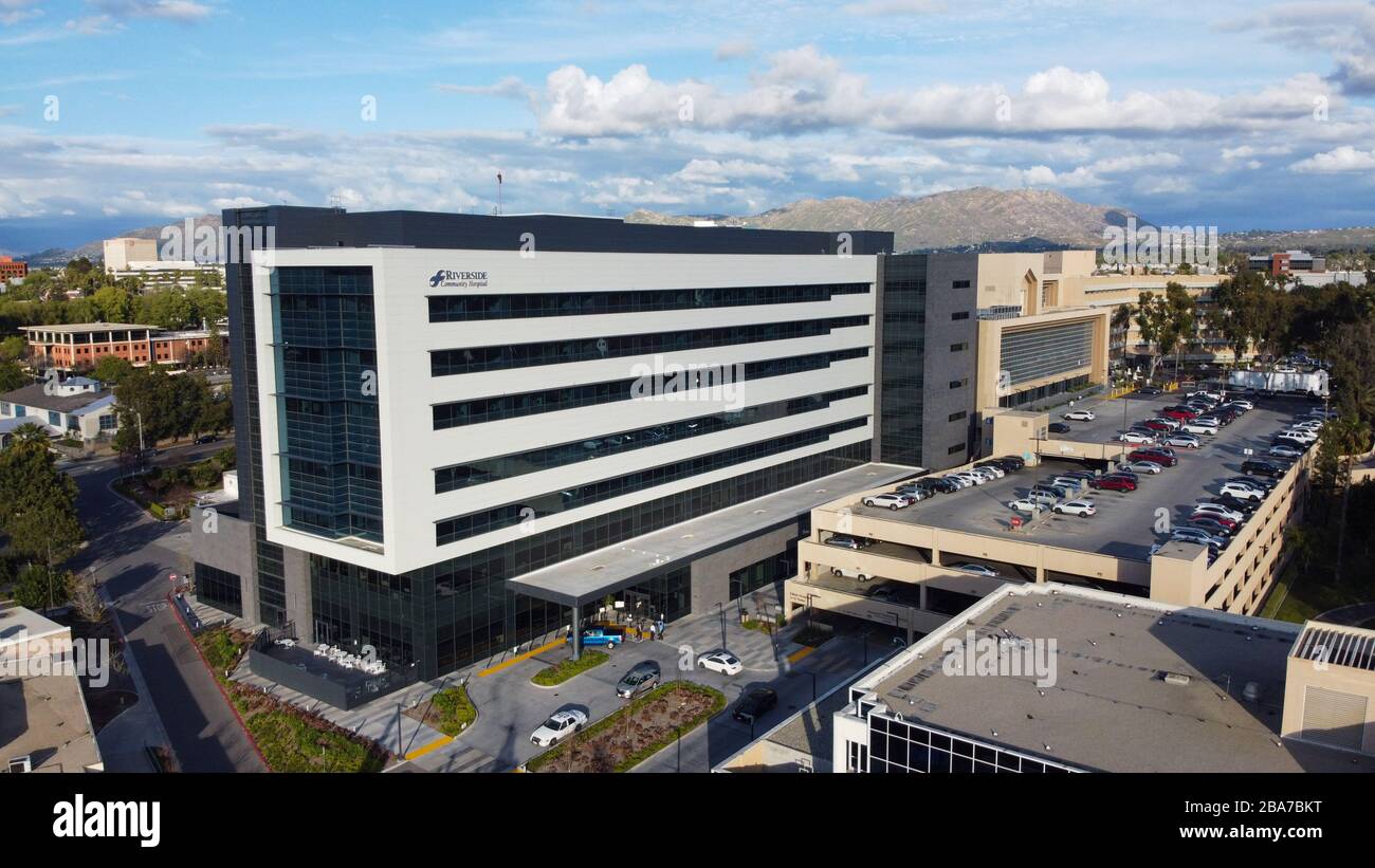 General overall aerial view of Riverside Community Hospital on, Wednesday, March 25, 2020, in Riverside, California, USA. (Photo by IOS/Espa-Images) Stock Photo