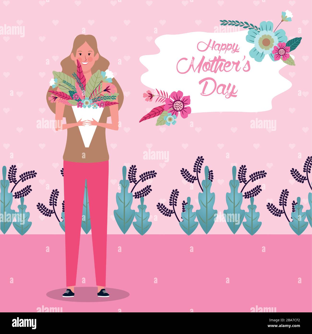 beautiful mother with flower bouquet character mothers day card Stock ...