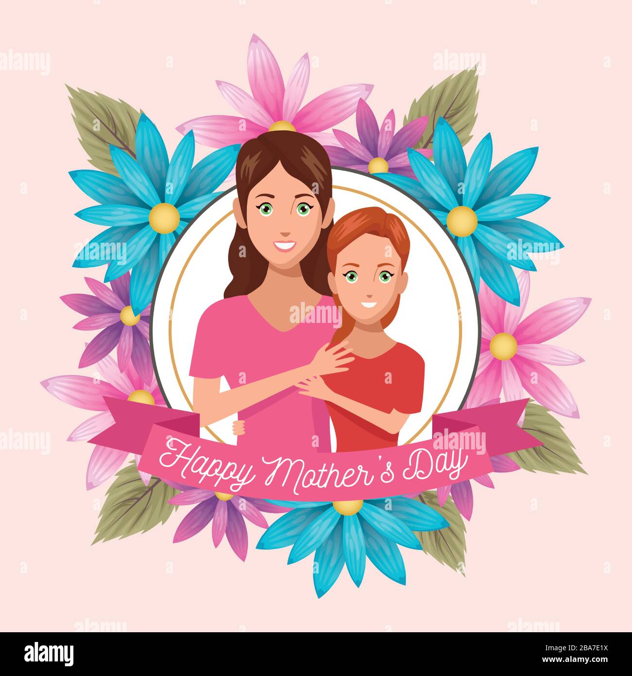 beautiful mother with daughter and floral frame mothers day card ...