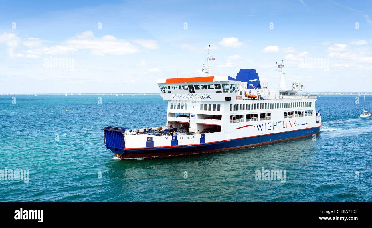 Fishbourne, Isle of Wight, UK - July 11, 2015: Wightlink ferry St Cecilia sailing from Fishbourne in the Isle of Wight to Portsmouth Stock Photo