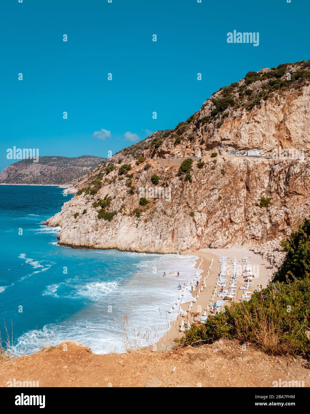 Kaputas Beach Kas turkey, white orange beach from clifs by the ocean of Kas Turkey rivera Stock Photo
