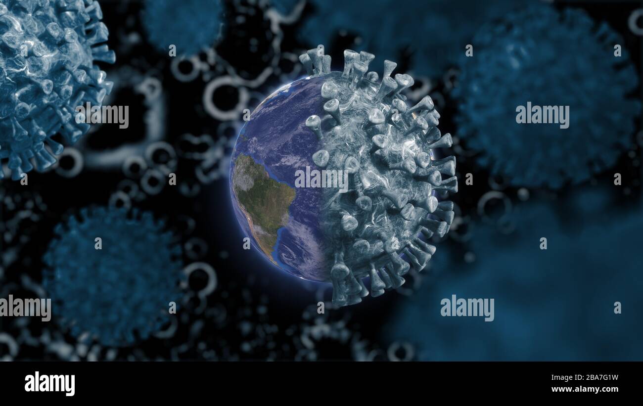 Earth half with Corona Virus on virus disease Background. The whole world is being infected by a pandemic virus. 3D Render. Stock Photo