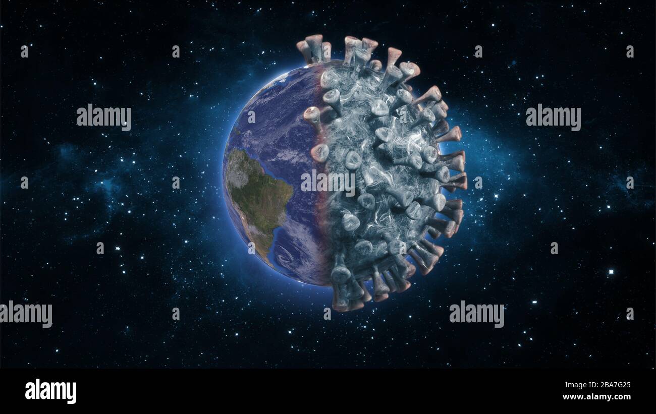 Earth half with Corona Virus on virus disease Background. The whole world is being infected by a pandemic virus. 3D Render. Stock Photo