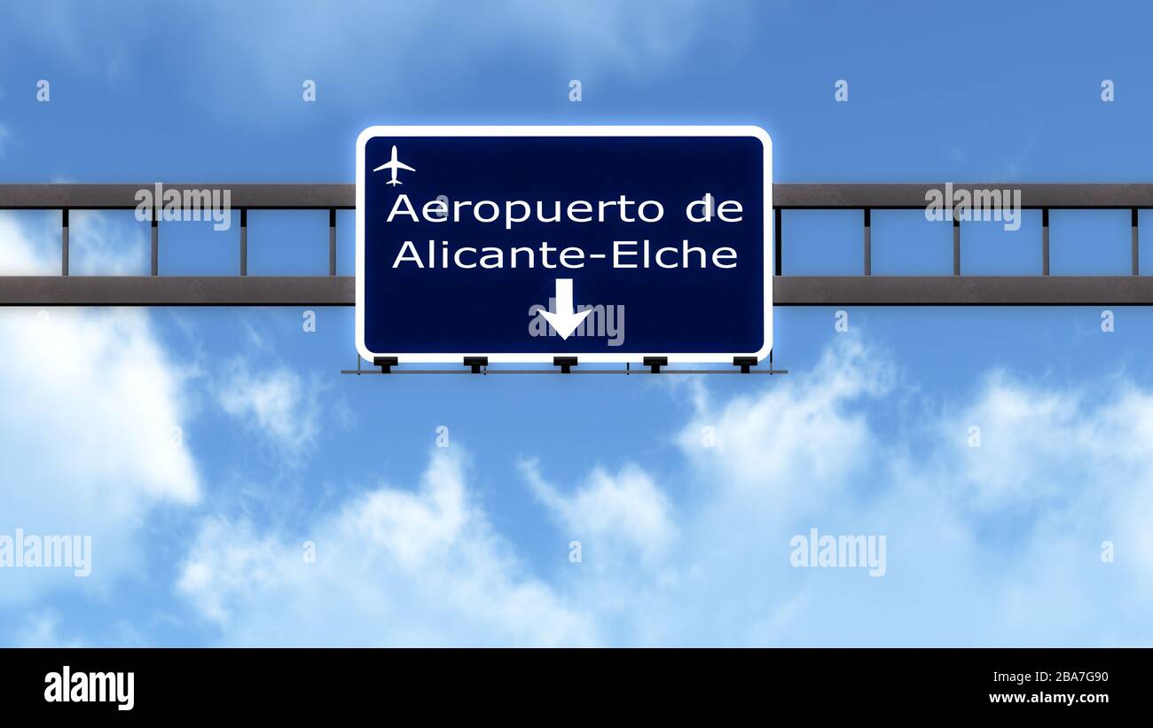 Alicante Spain Airport Highway Road Sign 3D Illustration Stock Photo