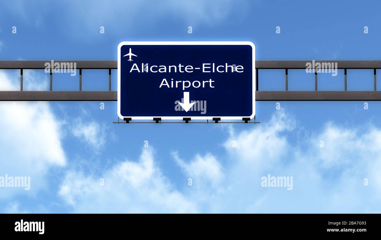 Alicante Spain Airport Highway Road Sign 3D Illustration Stock Photo