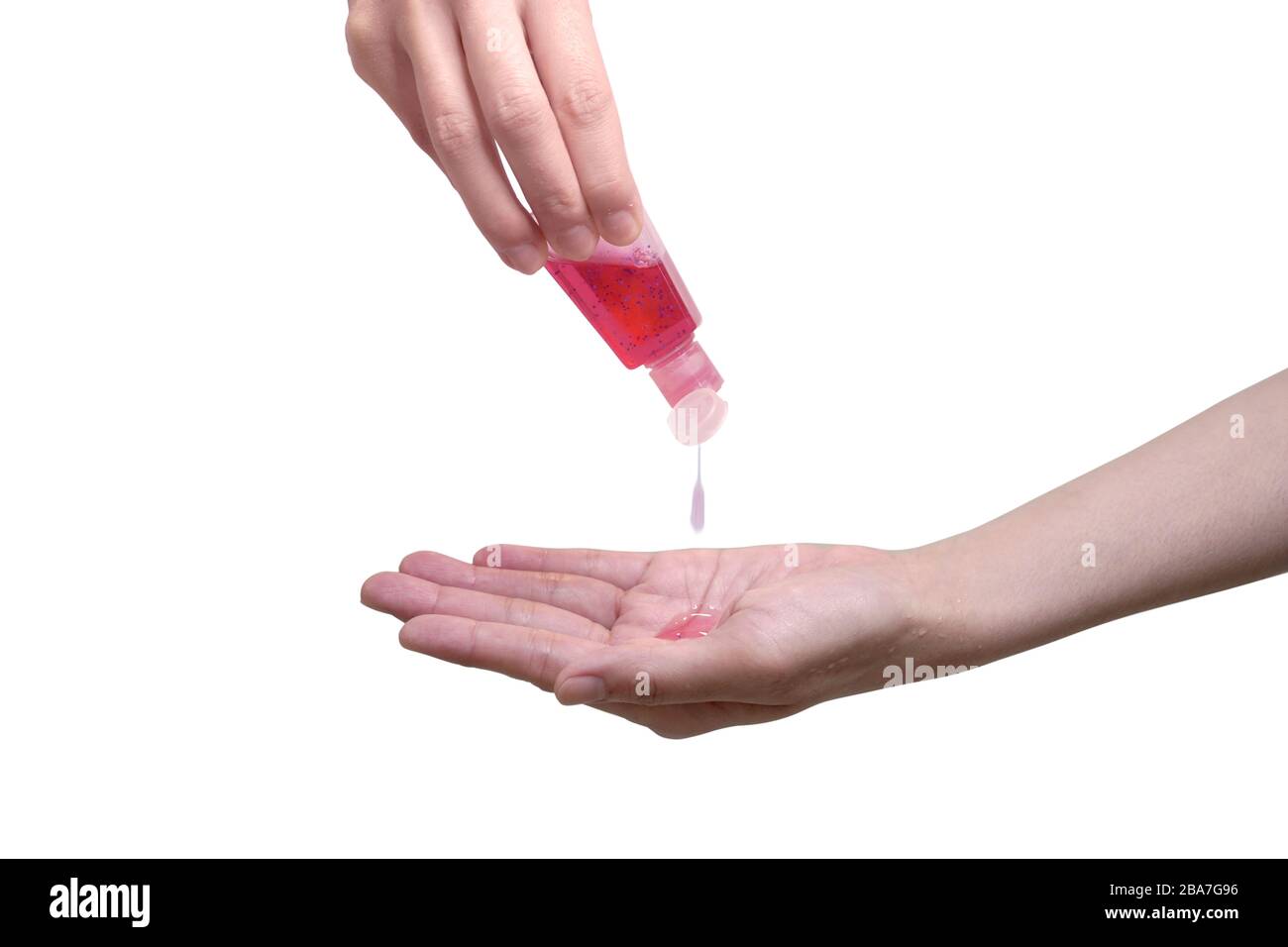 Hand of woman that applying alcohol   Red gel to make cleaning and clear germ, bacteria, Health care concept. Stock Photo
