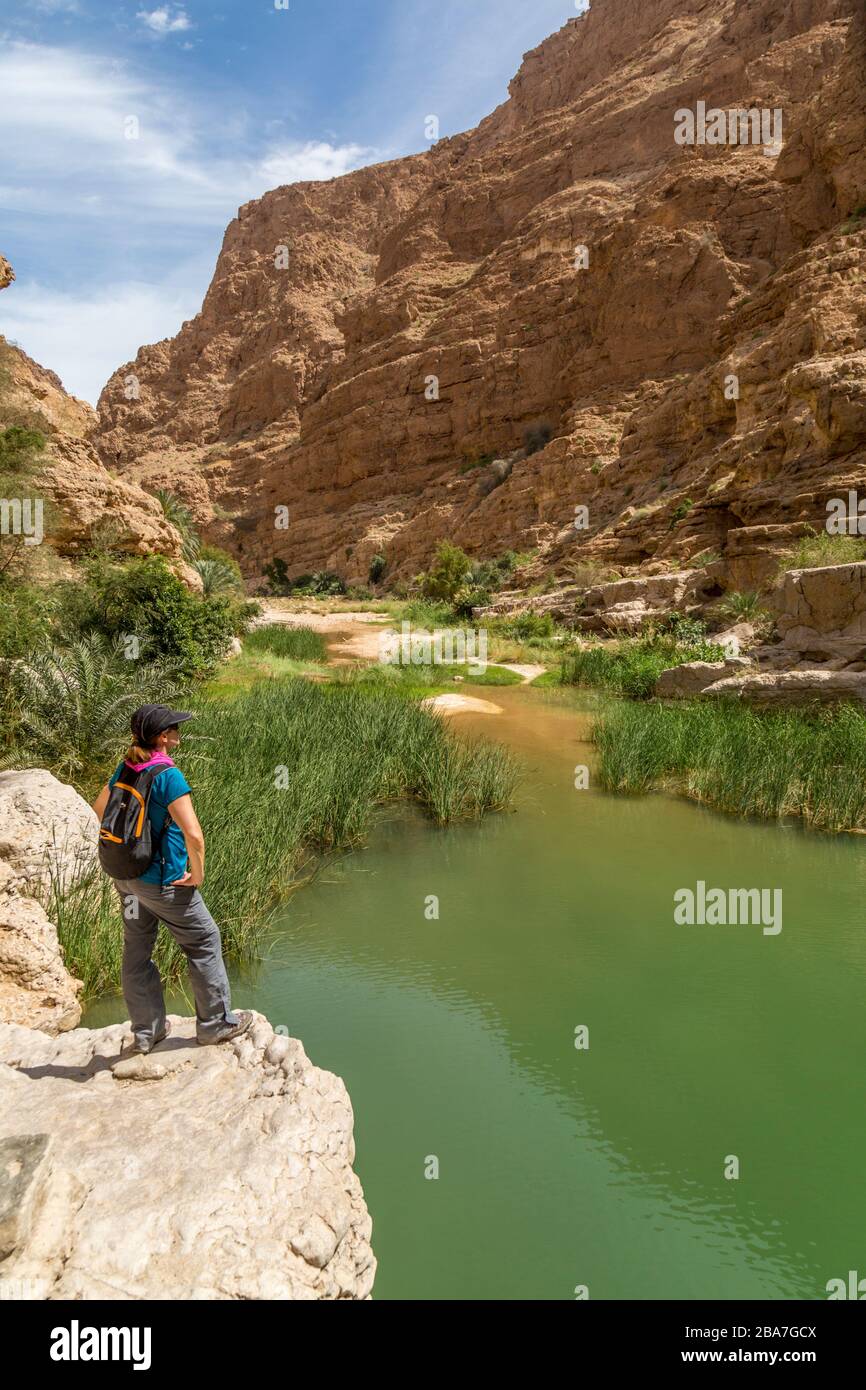 A female hiker, or walker, looking down in to the Wadi Shab in Oman. Stock Photo