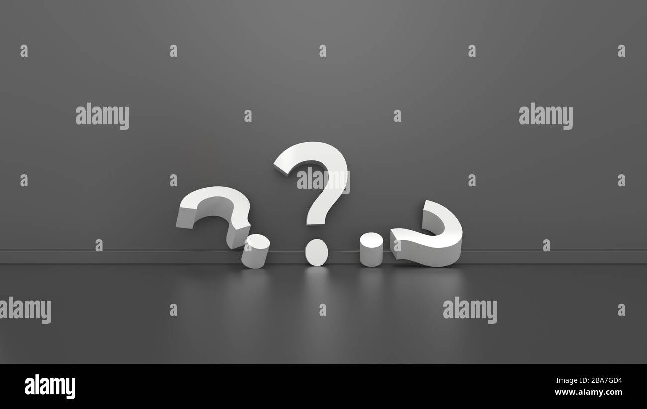 White Question Mark on Glossy Grey Room Background. Stock Photo