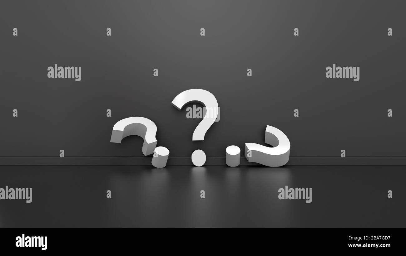 White Question Mark on Glossy Grey Room Background. Stock Photo