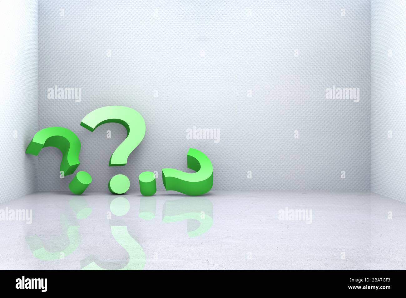Green Question Mark on white room Background. 3D Render. Stock Photo