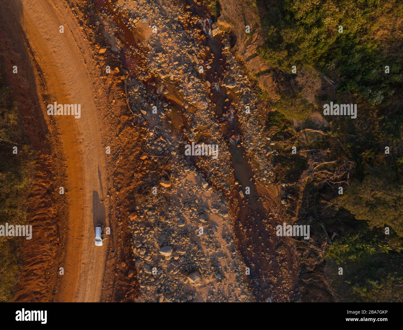 An aerial picture of the destruction caused by cyclone Idai in Zimbabwe's Chimanimani. Stock Photo