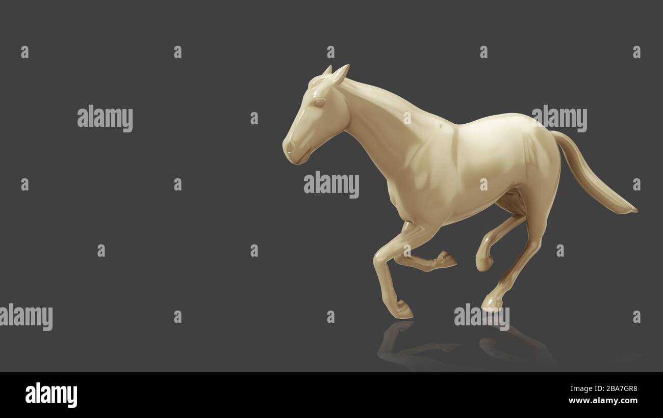 3D Render Running horse sculpture Model on Dark Grey background. Glossy Silver horse in running motion pose on black background. 3D render Horse Run. Stock Photo