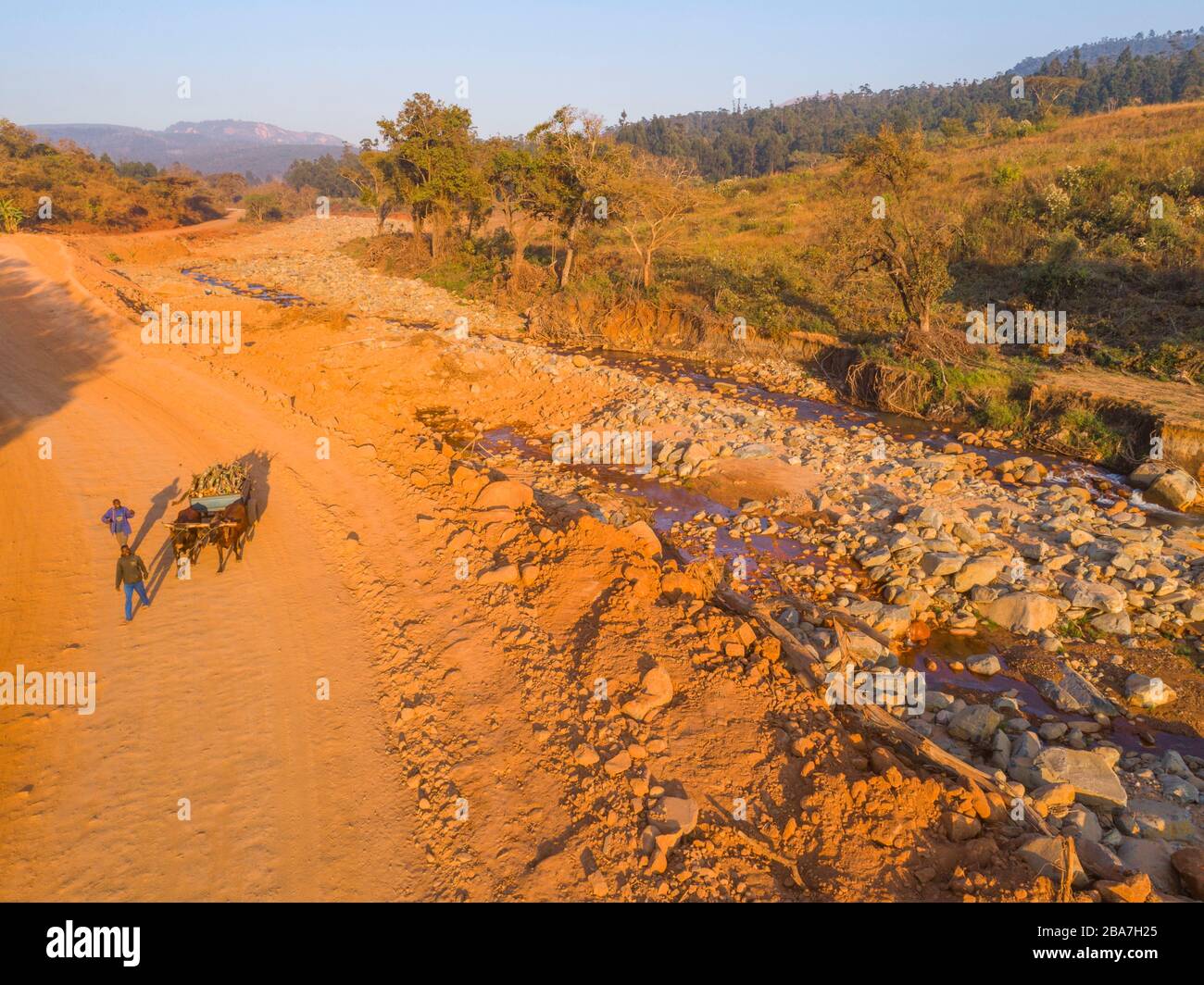 An aerial picture of the destruction caused by cyclone Idai in Zimbabwe's Chimanimani. Stock Photo