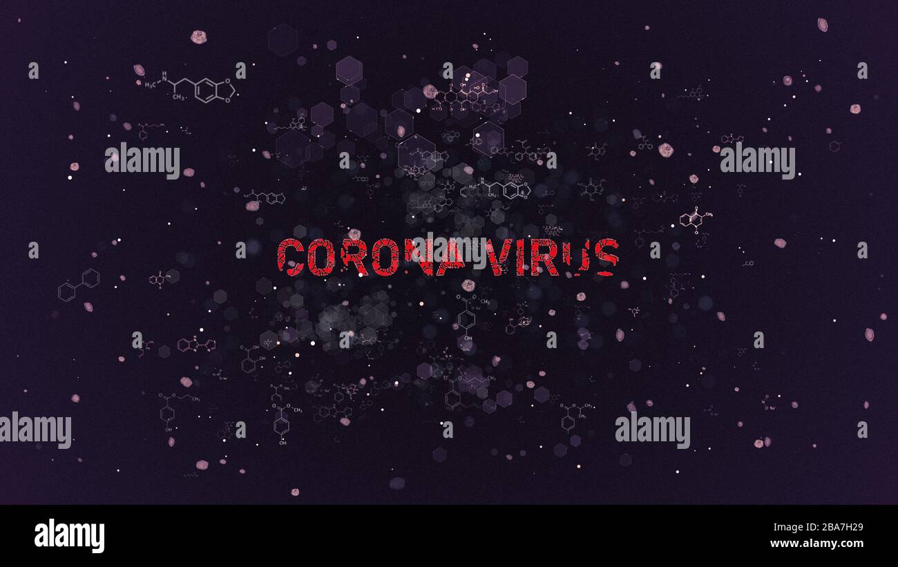Head title "Corona Virus" word with virus bacteria effect on Dark  Blue background. Stock Photo